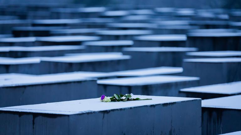 Blumen liegen anlässlich des Internationalen Tags des Gedenkens an die Opfer des Holocaust auf einer Stele des Denkmals für die ermordeten Juden Europas. 