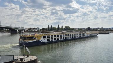 Nordrhein-Westfalen, Bonn: Das Schiff Thurgau Gold liegt quer auf dem Rhein auf einer Sandbank auf.