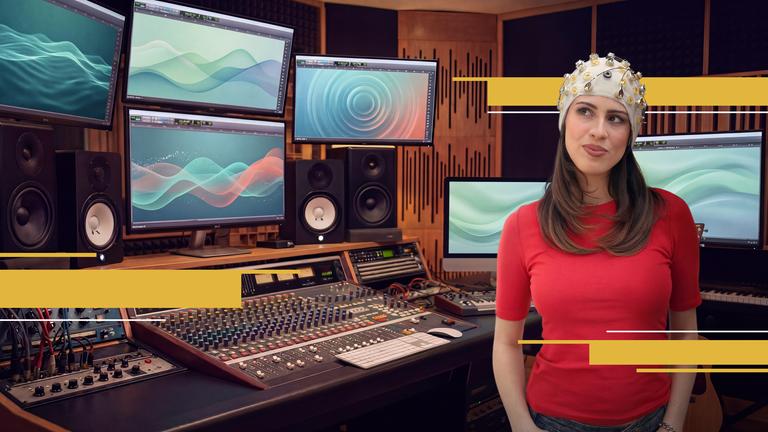 aspekte-Host Salwa Houmsi steht in einem Tonstudio mit einem Iodenhelm, der Gehirnströme misst, auf dem Kopf.