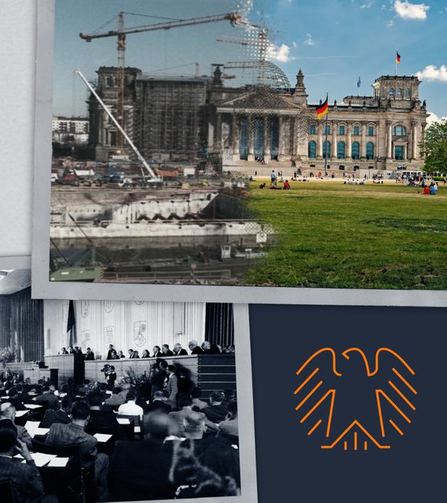 Baustelle Reichstagsgebäude und Foto erste Sitzung Bundestag