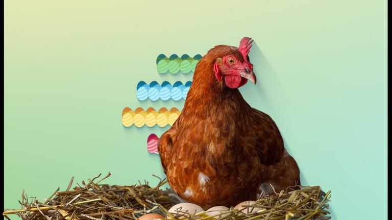 Ein Huhn sitzt auf einem Nest mit Eiern. Im Hintergrund sieht man gezeichnete, bunte Eier.