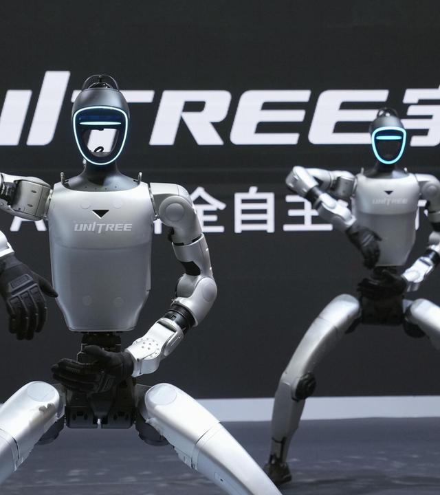 Zwei Roboter stehen mit angehobenem Arm vor dem Logo von Unitree.