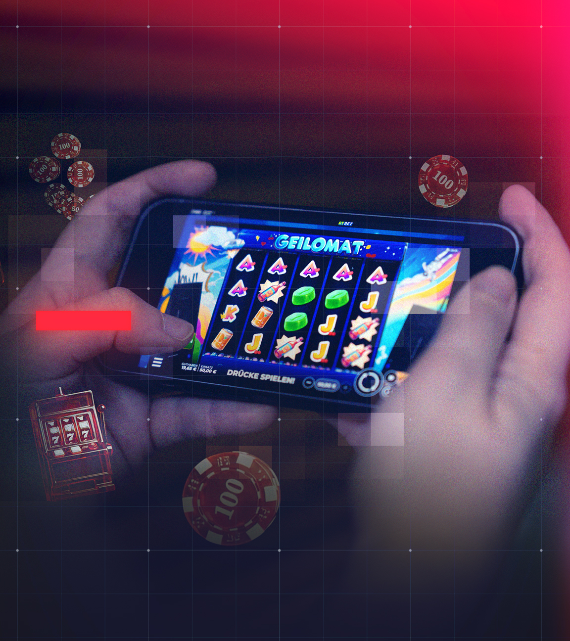 Smartphone, das in Händen gehalten wird und auf dem die Internetseite eines illegalen Online-Casinos mit dem legalen Spiel "Geilomat" zu sehen ist und umhüllt ist von Symbolen aus dem Glücksspiel wie beispielsweise Spielkarte oder Roulette-Chips.