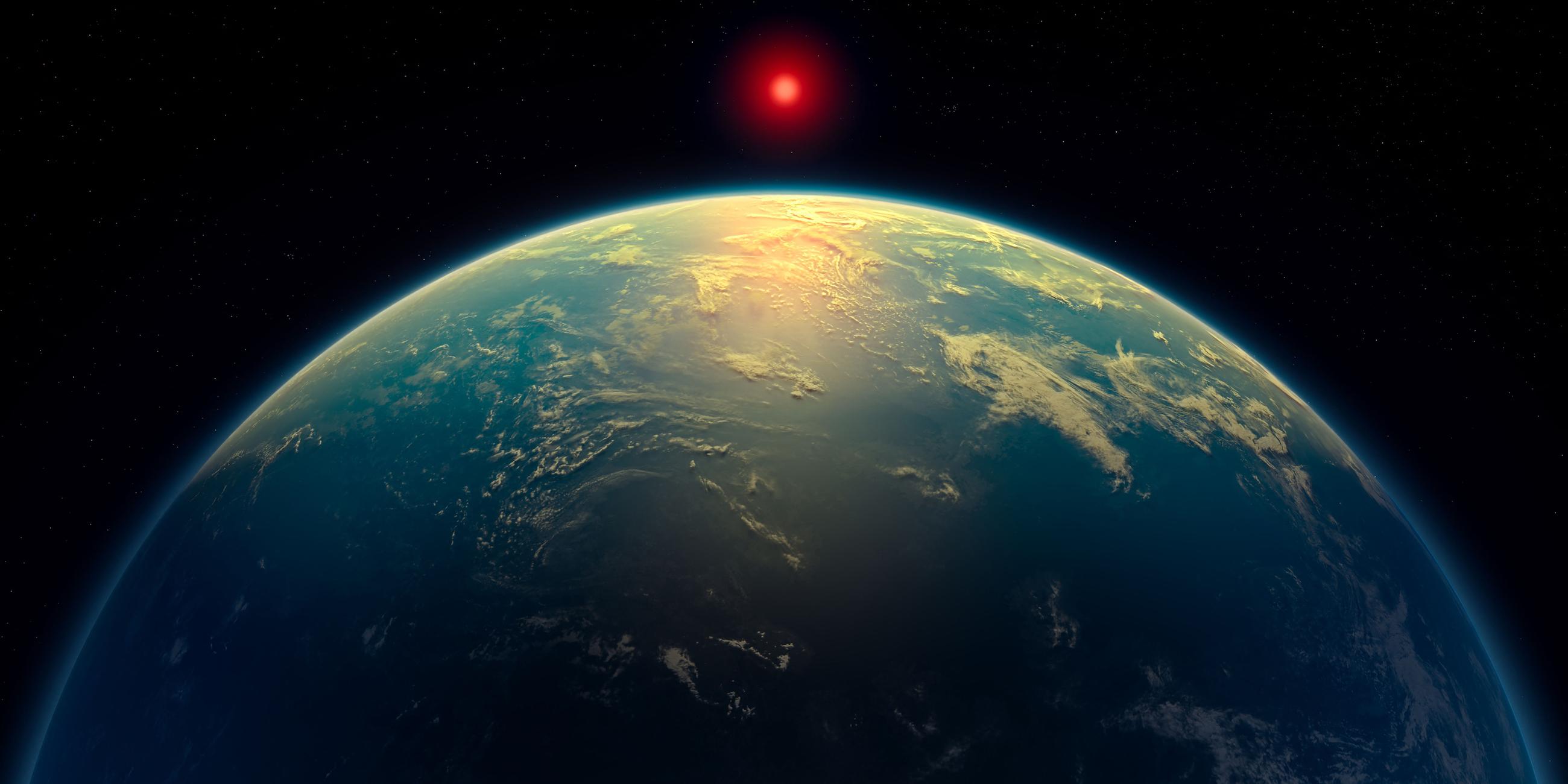 Eine am 17. April 2025 von N. Madhusudhan/University of Cambridge veröffentlichte künstlerische Darstellung zeigt die Supererde K2-18b, eine hyceanische Welt, wie den Exoplaneten K2-18b, auf dem Astronomen die bisher stärksten Hinweise auf Leben außerhalb unseres Sonnensystems gefunden haben. 