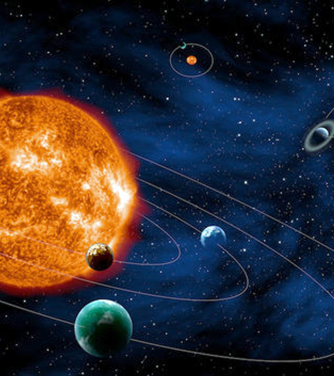 "Unser Universum: Sind wir allein im All?": Illustration vom Weltall mit Planeten und ihren Laufbahnen.