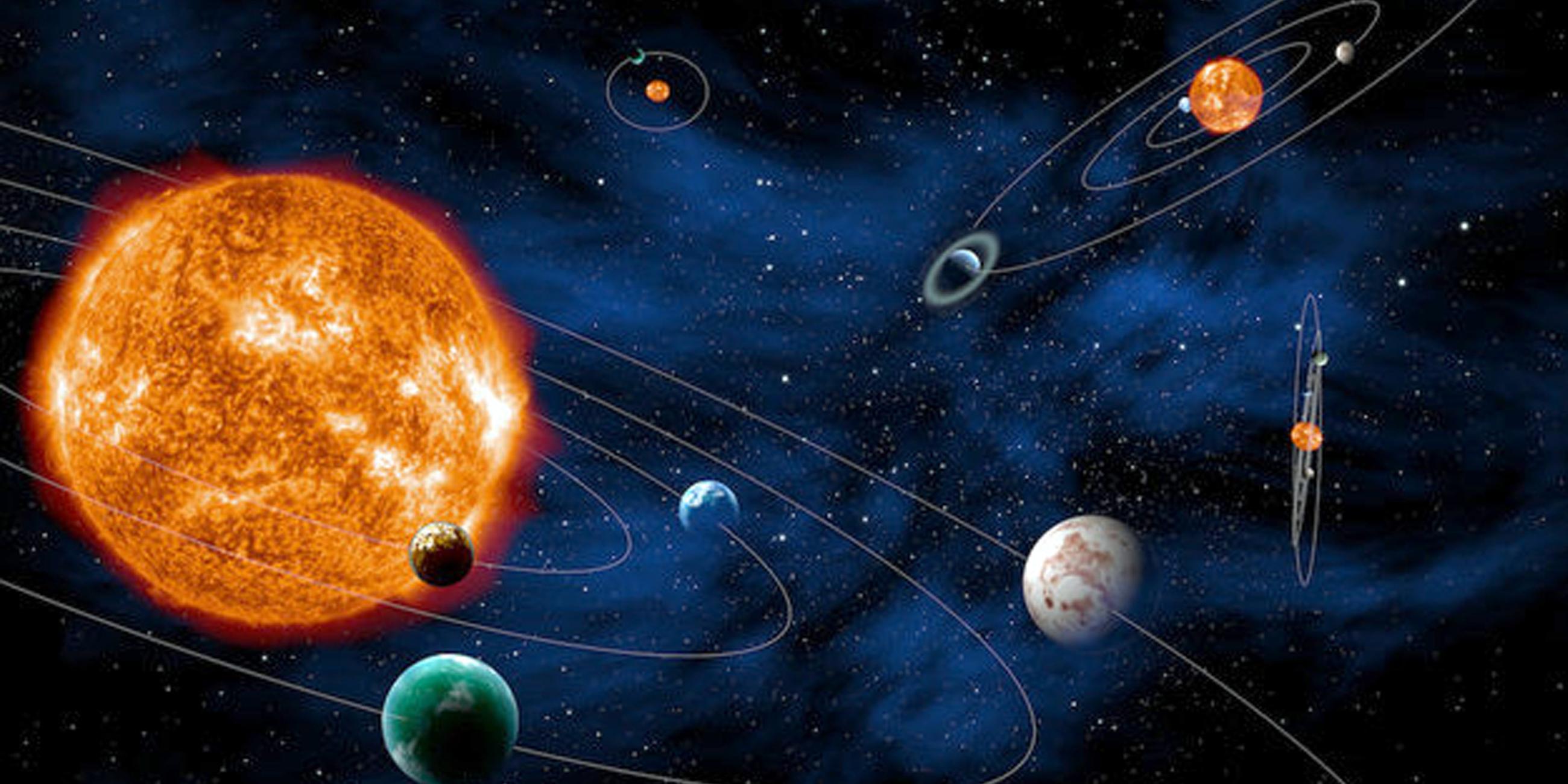 "Unser Universum: Sind wir allein im All?": Illustration vom Weltall mit Planeten und ihren Laufbahnen.