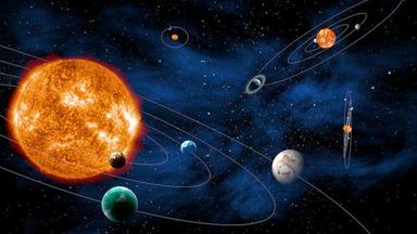 "Unser Universum: Sind wir allein im All?": Illustration vom Weltall mit Planeten und ihren Laufbahnen.