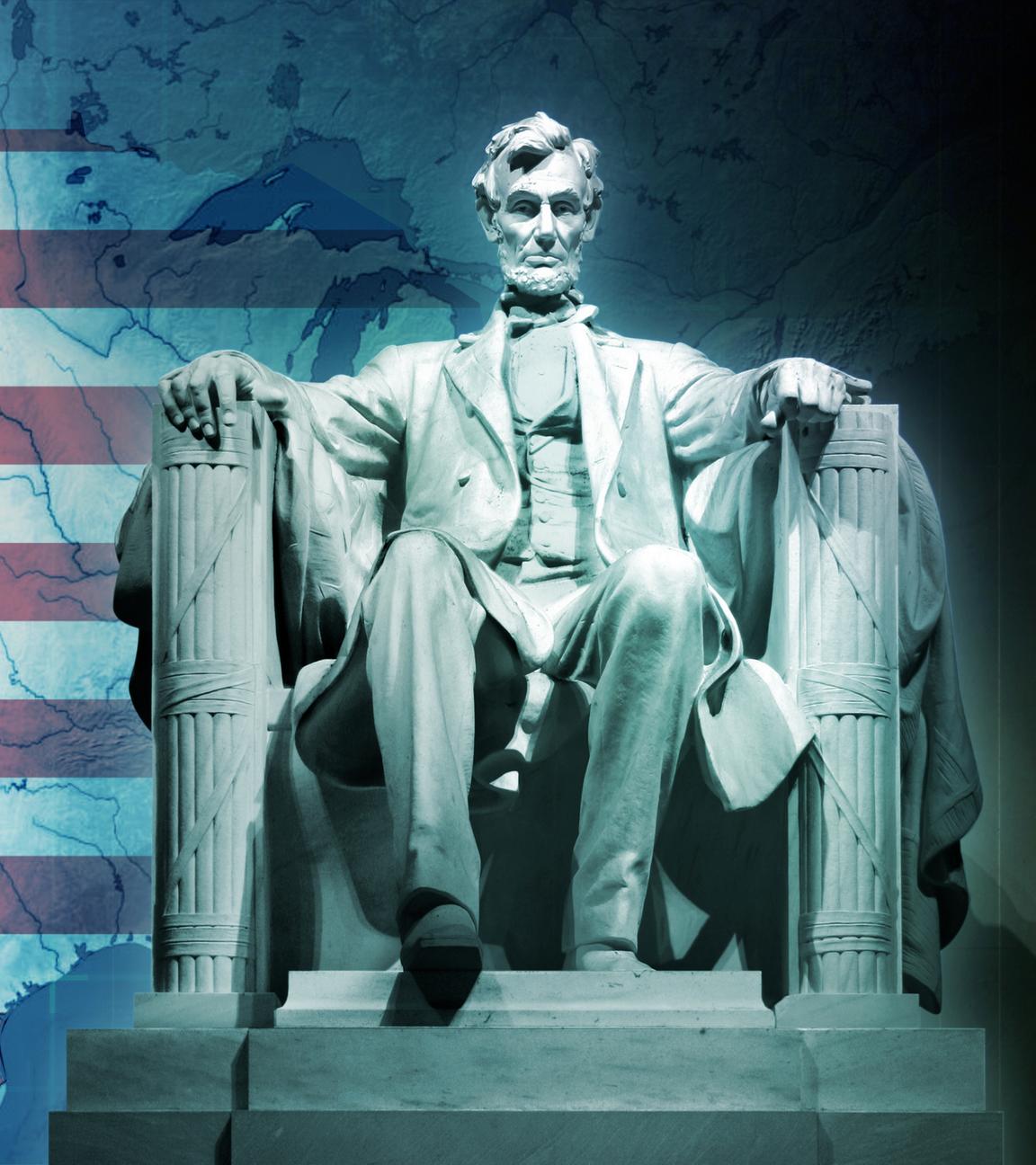 Die Karte der USA kombiniert mit der Landesflagge, rechts im Vordergrund die Statue von Lincoln