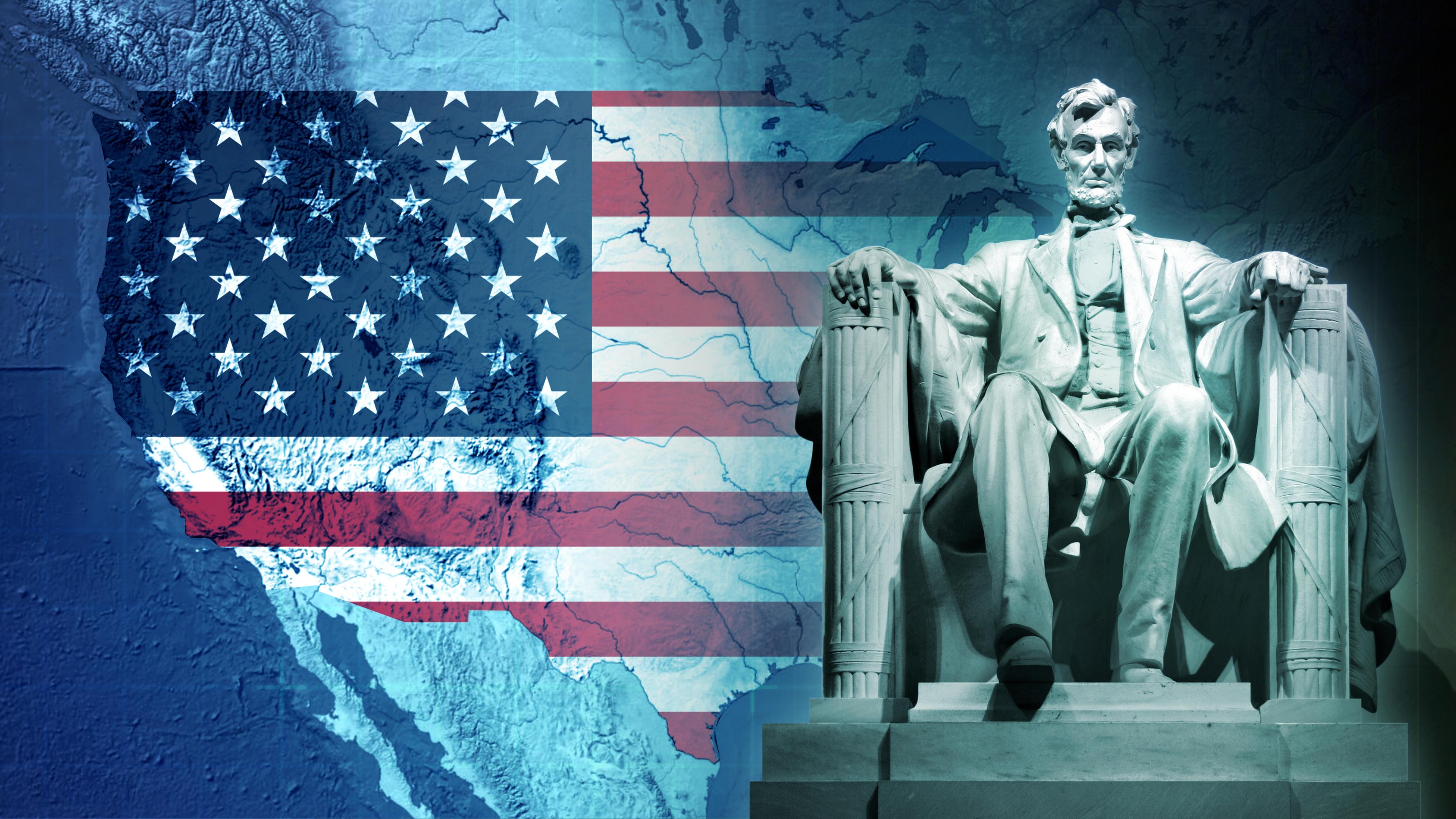 Die Karte der USA kombiniert mit der Landesflagge, rechts im Vordergrund die Statue von Lincoln