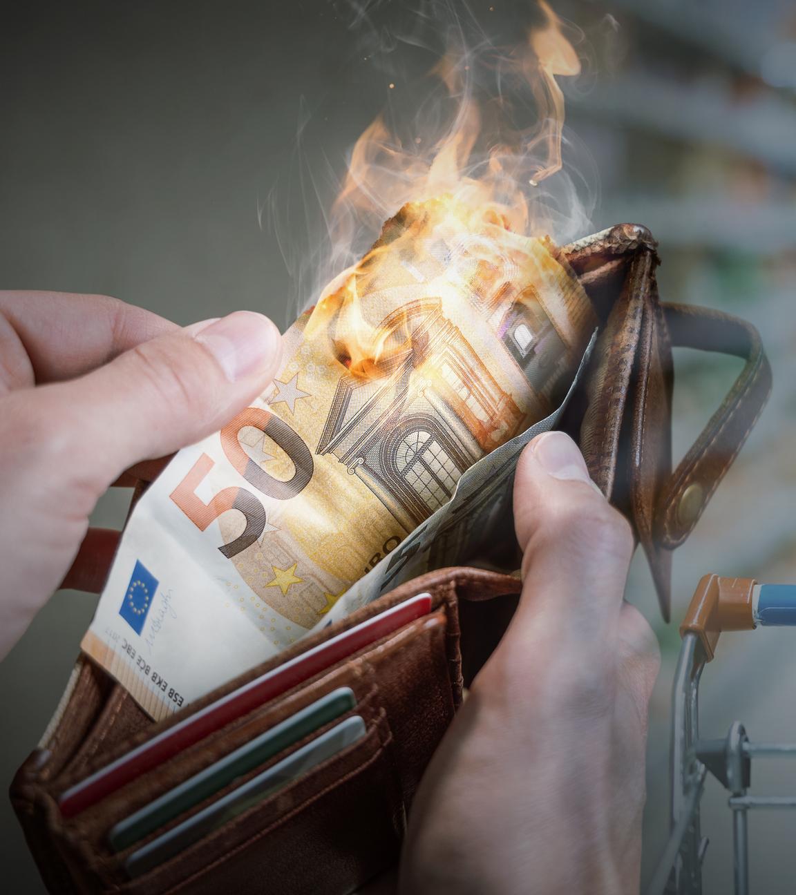  Links der Blick auf ein geöffnetes Portemonnaie, in dem ein 50€-Schein brennt; rechts eine junge Frau, die traurig/nachdenklich einen Einkaufswagen schiebt.