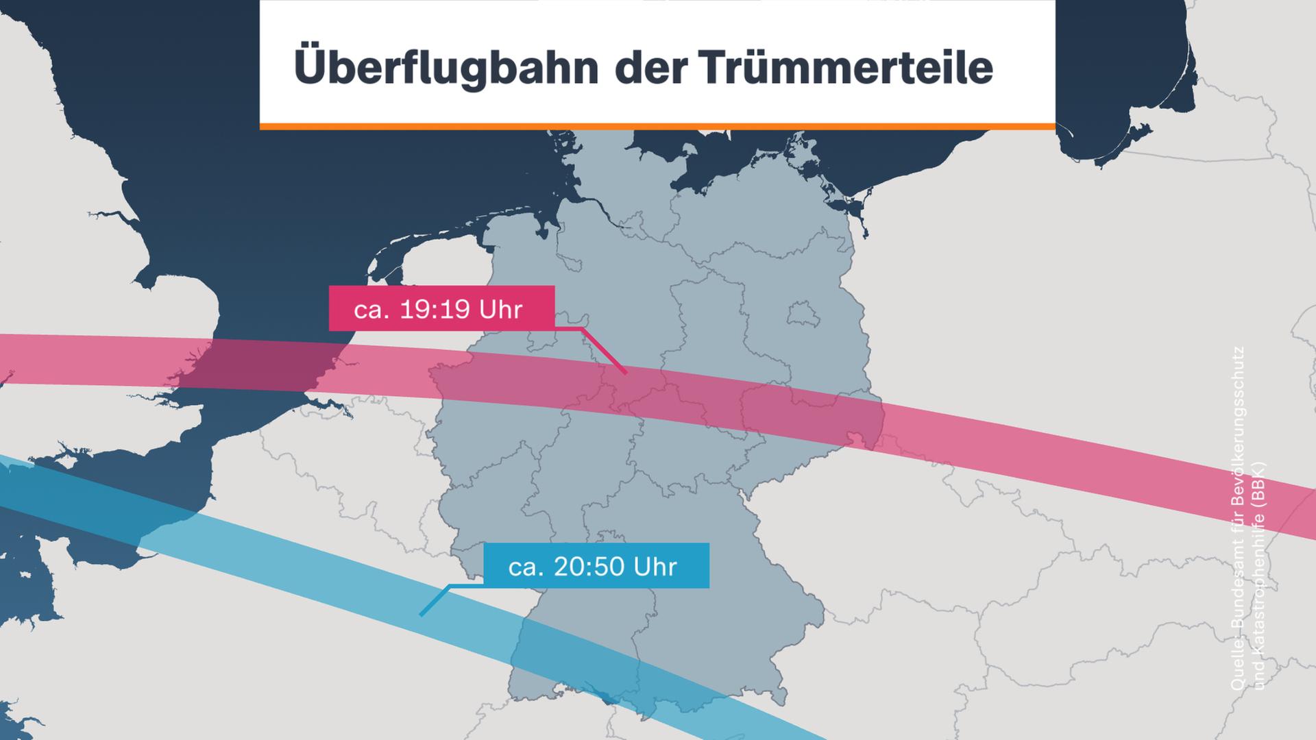 Infografik: Überflugbahn der Trümmerteile