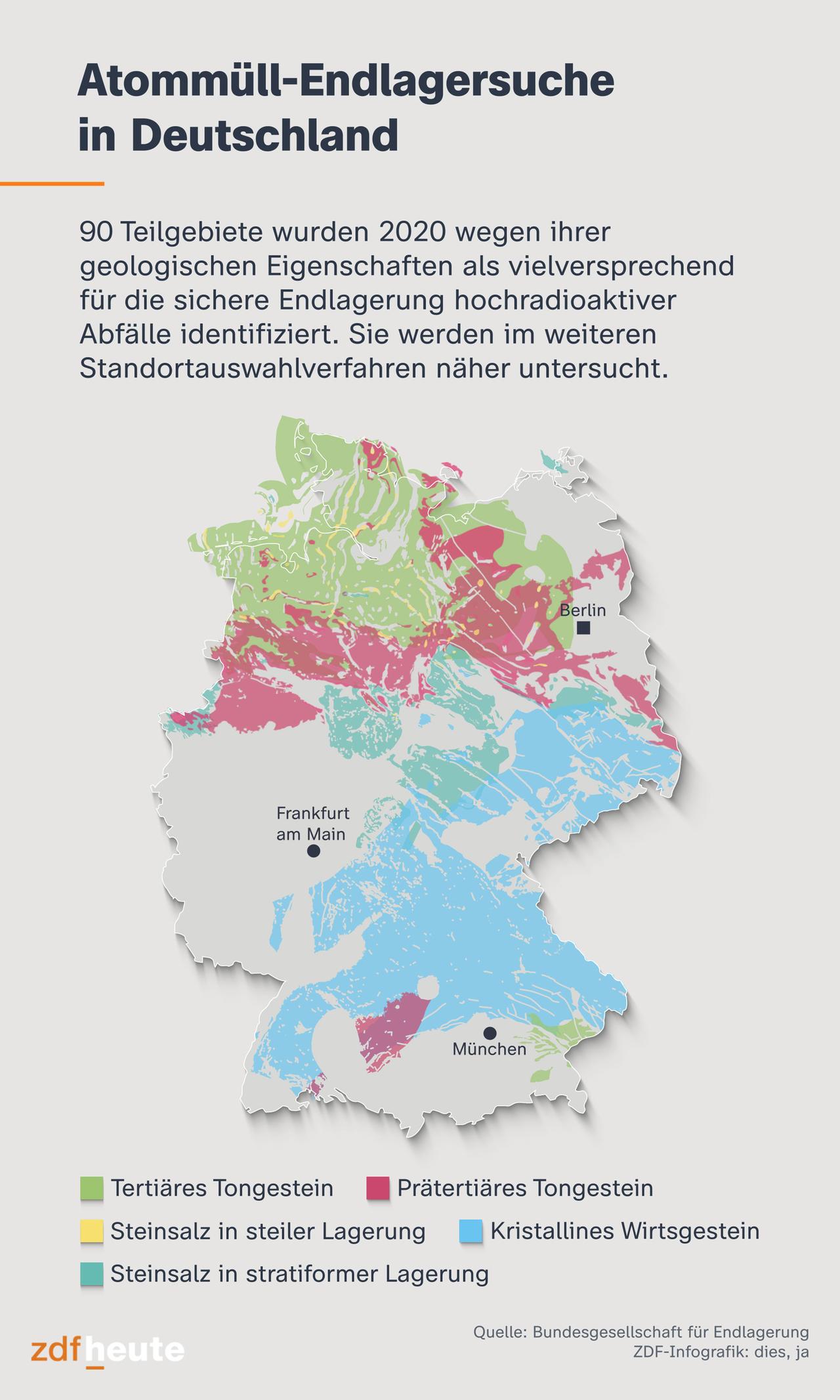 Die Infokarte zeigt die insgesamt 90 Teilgebiete, die grundsätzlich günstige geologische Voraussetzungen für die sichere Endlagerung hochradioaktiver Abfälle haben. Die Gebiete befinden sich vor allem im Norden und Südosten Deutschlands.