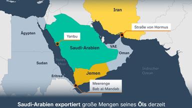 Karte der arabischen Halbinsel mit Auszeichnung der Meerenge Bab al-Mandab, der Straße von Hormus und der saudischen Hafenstadt Yanbu.