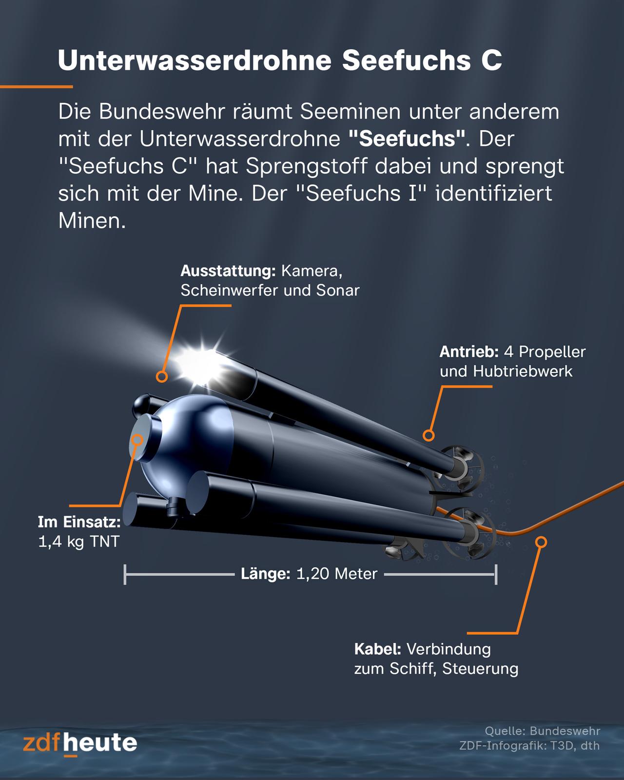 Die Bundeswehr räumt Seeminen unter anderem mit der Unterwasserdrohne "Seefuchs". Der "Seefuchs C" hat Sprengstoff dabei und sprengt sich mit der Mine, der "Seefuchs I" identifiziert Minen.