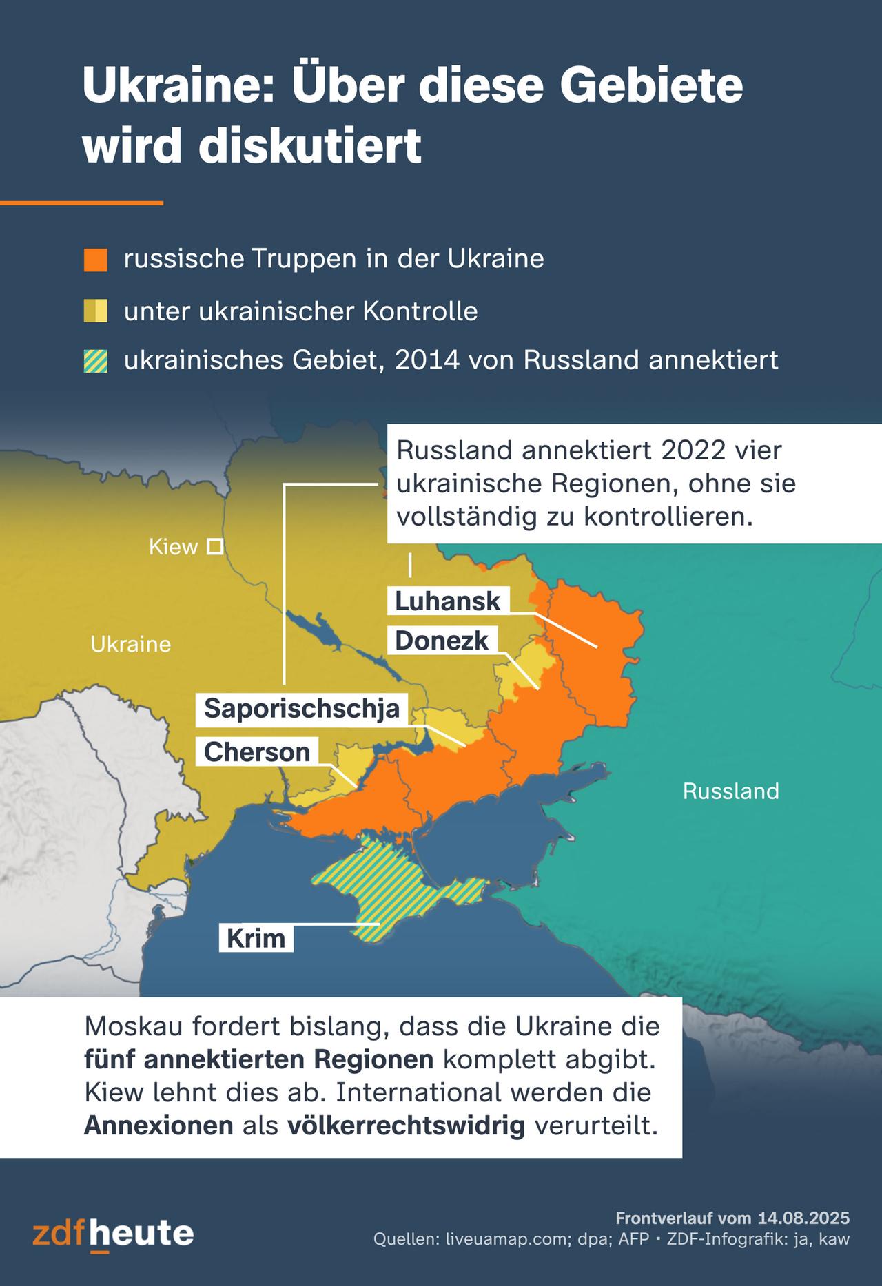 Die Karte zeigt von Russland völkerrechtswidrig annektierten Gebiete in der Ukraine: Luhansk, Donezk, Saporischschja, Cherson und die Krim.