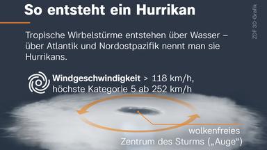 Tropische Wirbelstürme entstehen über Wasser – über Atlantik und Nordostpazifik nennt man sie Hurrikans. Hurrikans haben eine Windgeschwindigkeit von mindestens 118 km/h. Zur höchsten Kategorie 5 gehören sie ab 252 km/h. Hurrikans entstehen ab einer Wassertemperatur von 27 °C, daher geht die Saison von Juni bis November. Die feucht-warme Luft steigt auf, es bildet sich ein Wolkenturm. In der Mitte befindet sich das wolkenfreie Zentrum des Sturms, das sogenannte "Auge". Durch die Erwärmung der Ozeane gibt es mehr starke Hurrikans.