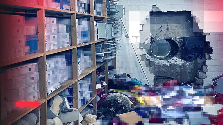 Großes Loch in der Wand eines Vorraums zum Tresorraums (dahinter) der Sparkassenfiliale Gelsenkirchen-Buer, in die sich Einbrecher mit Hilfe eines großen Bohrers Zugang zum Tresorraum verschafft haben. Dort durchsuchten sie die Wertschließfächer. Einbrecher haben sich mit Hilfe eines großen Bohrers Zugang zum Tresorraum verschafft. Dort durchsuchten sie die Wertschließfächer. Bildteile aus rechtlichen Gründen verpixelt.