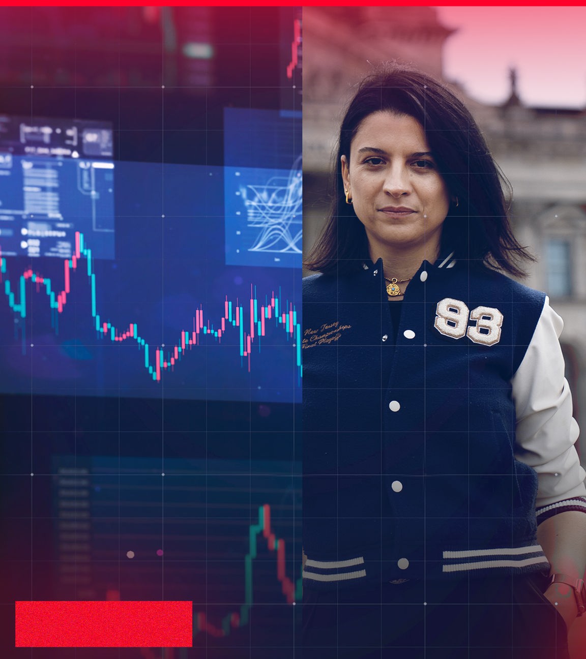 Linke Bildhälfte zeigt Grafik mit Aktionkursen (Symbolbild), rechte Bildhälfte frontal-YouTube-Host Marta Orosz vorm Reichstag.