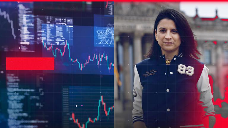 Linke Bildhälfte zeigt Grafik mit Aktionkursen (Symbolbild), rechte Bildhälfte frontal-YouTube-Host Marta Orosz vorm Reichstag.