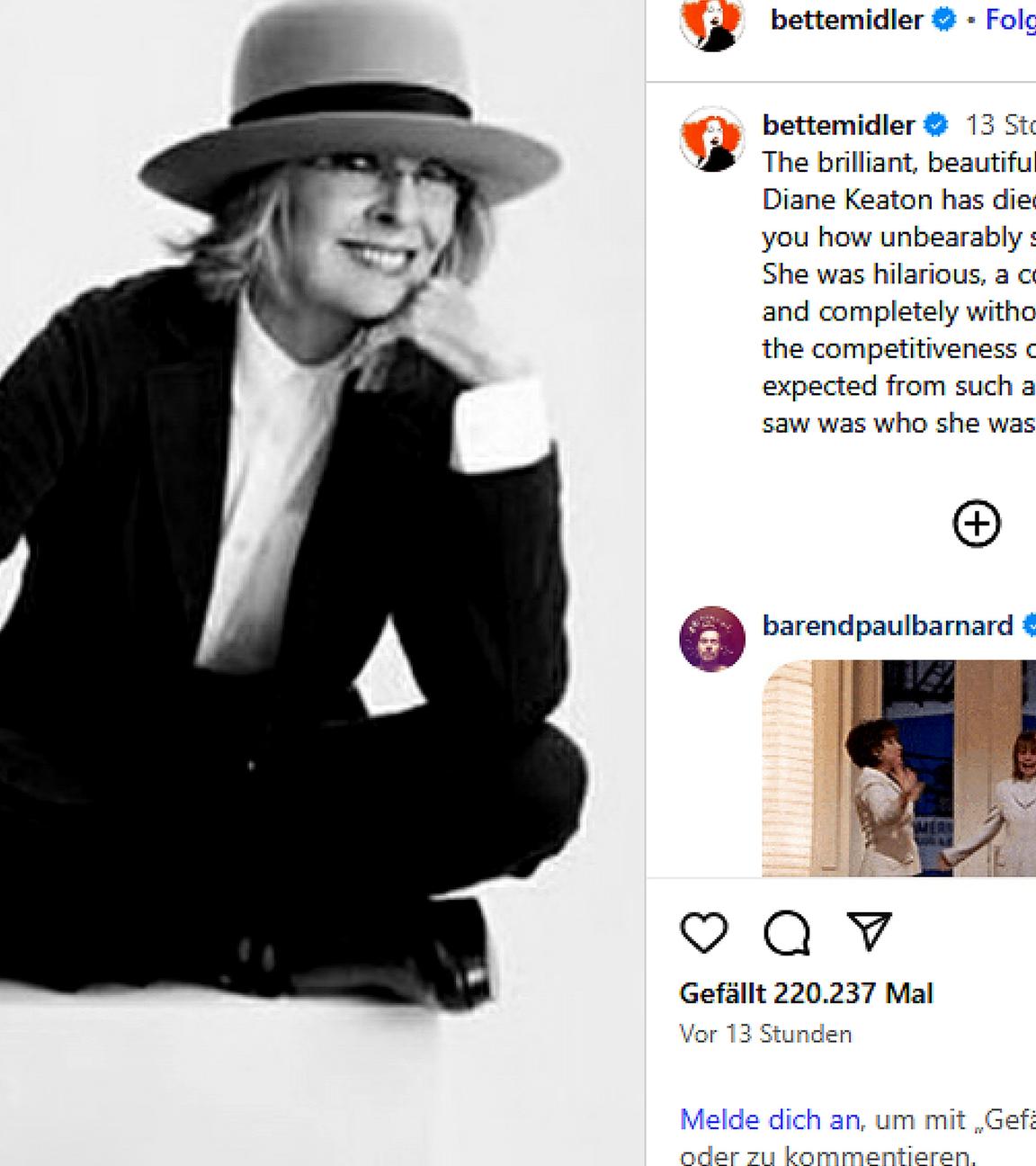 Screenshot: Insta Post von Bette Midler zu Tod von Diane Keaton