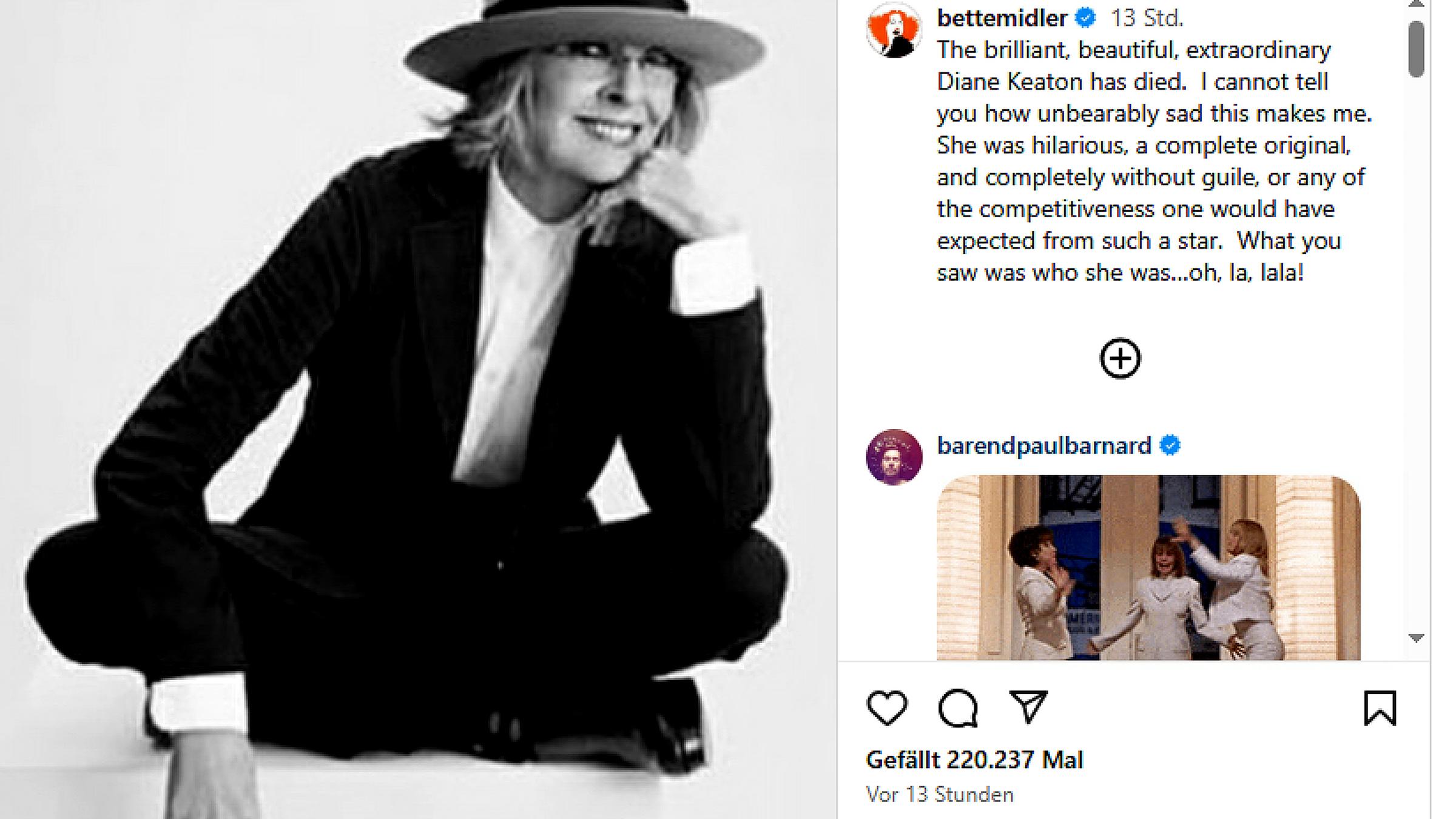 Screenshot: Insta Post von Bette Midler zu Tod von Diane Keaton