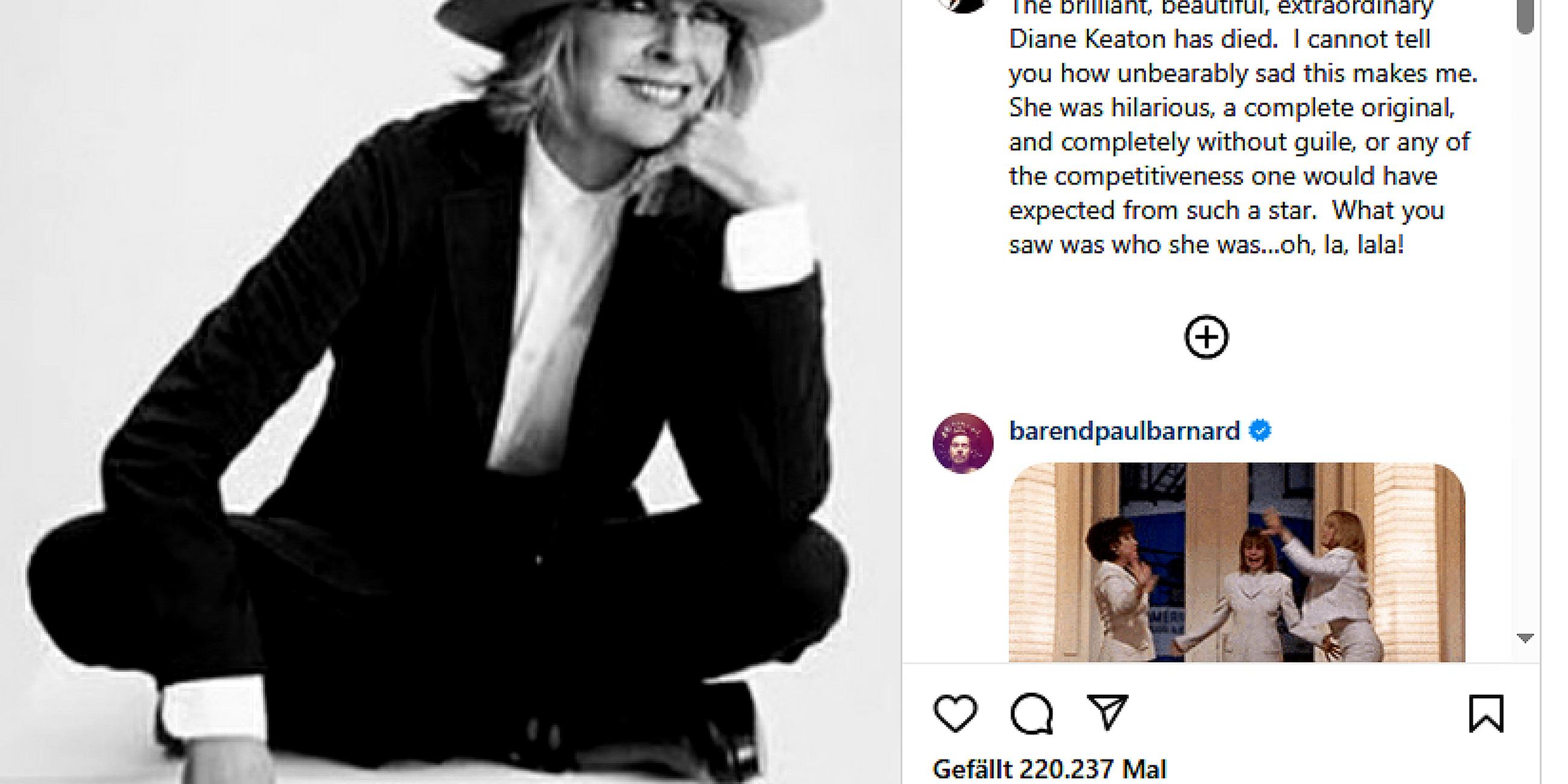 Screenshot: Insta Post von Bette Midler zu Tod von Diane Keaton