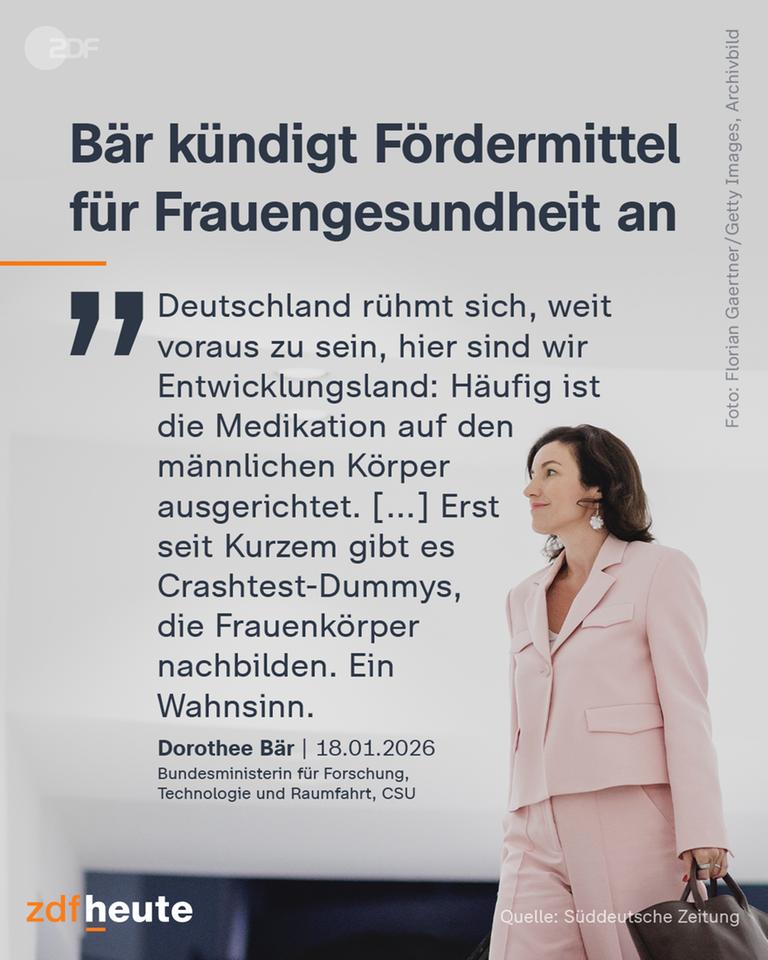 Auf einem zdfheute Instagram-Slide ist Bundesministerin Dorothee Bär zu sehen. Außerdem steht auf dem Slide eine Überschrift sowie ein Zitat von Bär. 