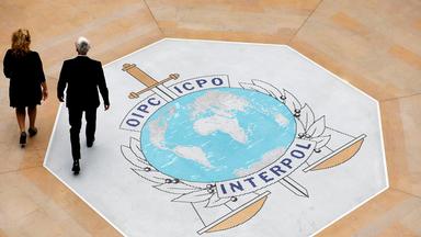 Interpol-Logo, aufgenommen am 08.11.2018 in Lyon (Frankreich)