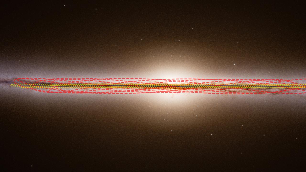 Diese vom Otautahi-Oxford Team zur Verfügung gestellte Illustration zeigt eine Seitenansicht der Milchstraße und die geschätzten Umlaufbahnen unserer Sonne und des Kometen 3I/ATLAS.