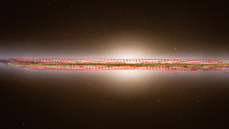 Diese vom Otautahi-Oxford Team zur Verfügung gestellte Illustration zeigt eine Seitenansicht der Milchstraße und die geschätzten Umlaufbahnen unserer Sonne und des Kometen 3I/ATLAS.