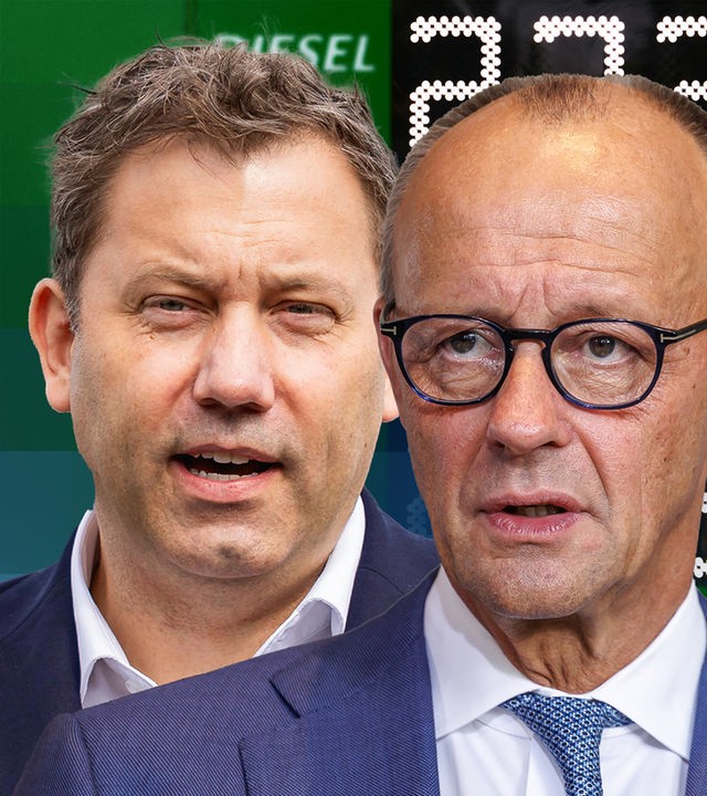 Zu sehen sind Bundeskanzler Friedrich Merz und Finanzminister Lars Klingbeil. Hinter ihnen ist ein Preismast.