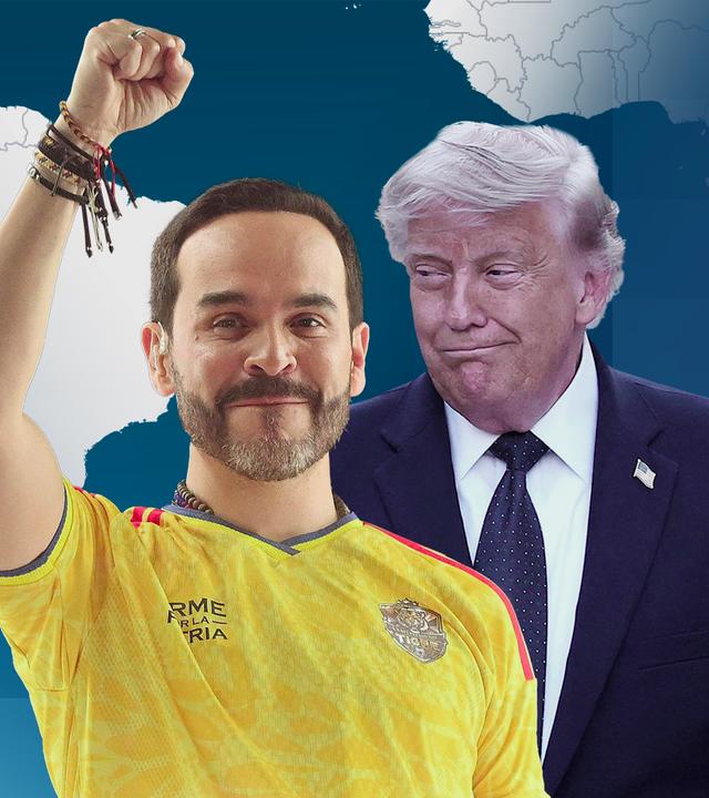 Wahlsieger de la Espriella in gelbem Kolumbien Fußballtrikot. Als Hintergrund ist auf der linken Seite eine Karte von Südamerika zu sehen und auf seiner rechten Seite ein Bild von Donald Trump in einem dunkelblauen Anzug.