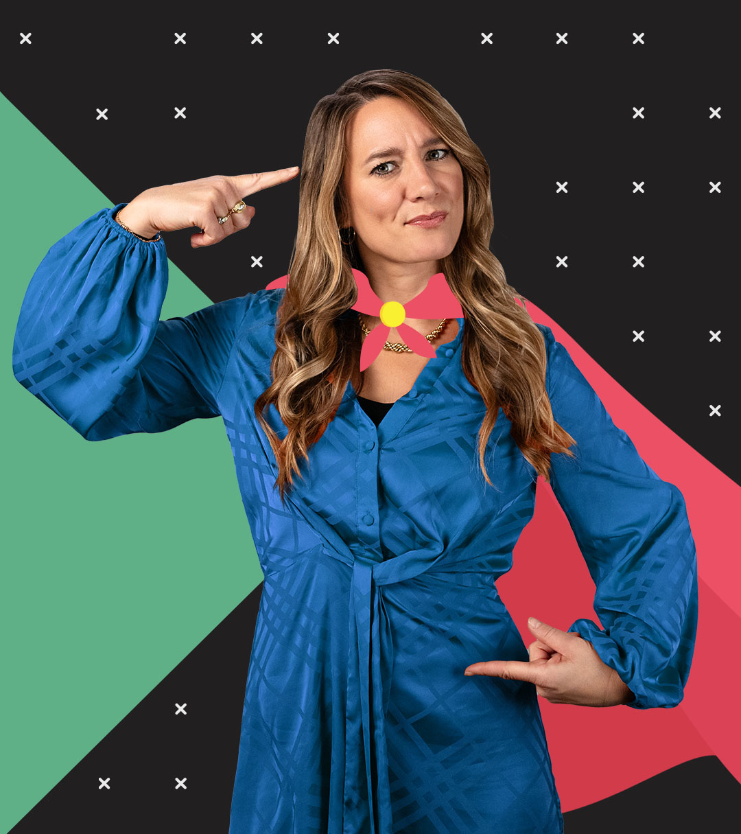 Jasmina Neudecker hat einen grafischen Superman-Umhang an und zeigt mit ihrem Zeigefinger auf ihren Kopf: Intelligenz des Unbewussten als Superkraft?