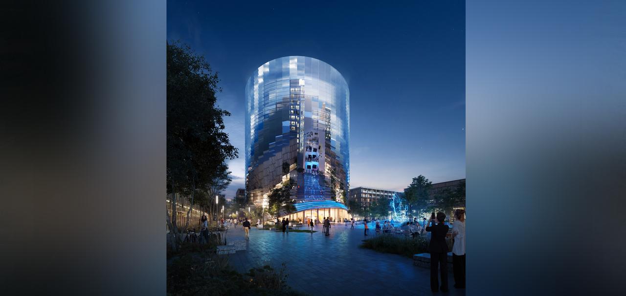 Das 60 Meter hohe Kommunikationszentrum des IPAI-Campus soll zum zentralen Ort des Campus werden. Es bietet Raum für Ausstellungen, Konferenzen, Seminare und Veranstaltungen.