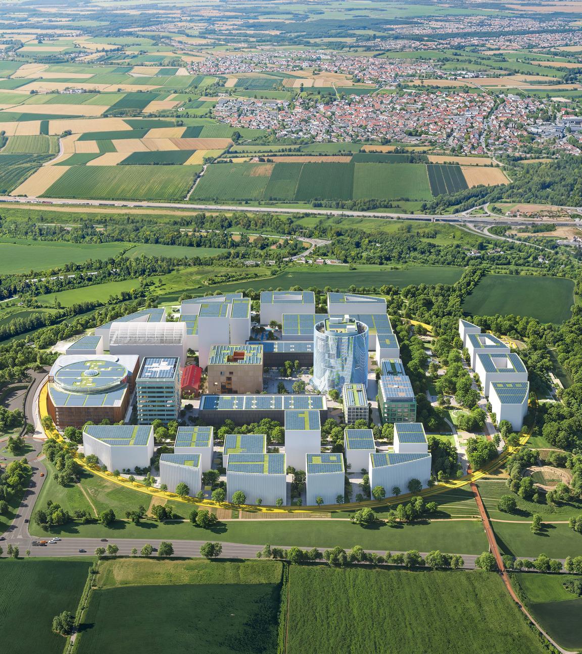 Luftbild des IPAI-Campus - eine Visualisierung des Architekturbüros 