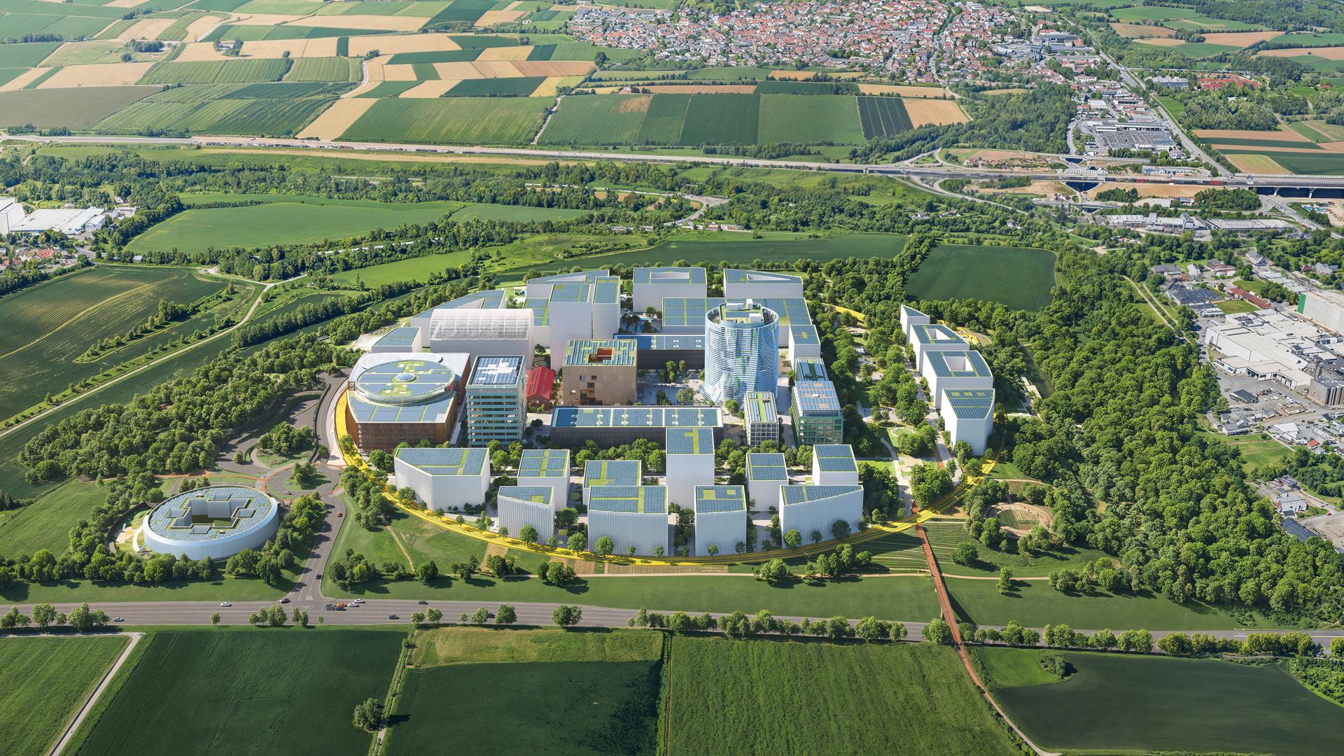 Luftbild des IPAI-Campus - eine Visualisierung des Architekturbüros 