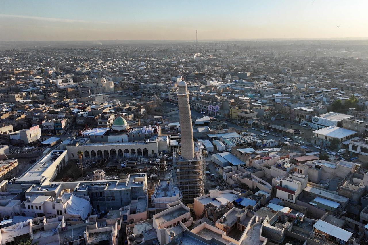 Eine Luftaufnahme zeigt die berühmte Al-Nuri-Moschee von Mossul in der Endphase der von der UNESCO finanzierten Restaurierungsarbeiten in der nordirakischen Stadt