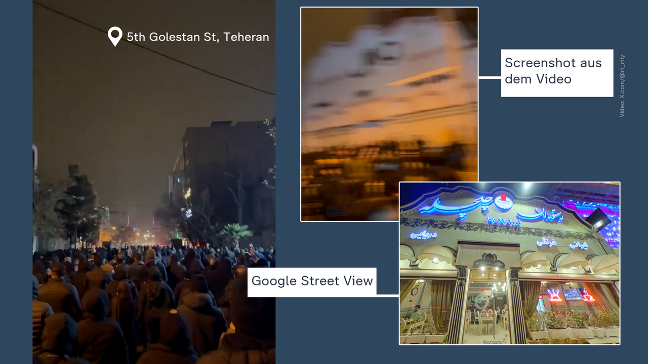 Das Bild zeigt eine Gegenüberstellung mehrer Bilder. Darauf sind einerseits Protest-Szenen aus dem Heravi-Viertel im Nordosten Teherans zu sehen - und andererseits ein Screenshot von Google Street View vom gleichen Ort, der belegt, dass die Proteste dort tatsächlich stattgefunden haben.