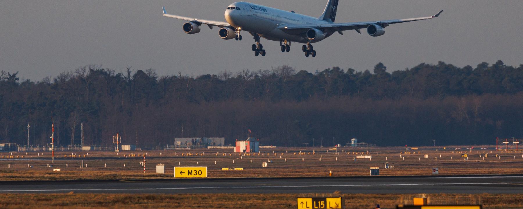 Eine Lufthansa Maschine aus Maskat landet am Frankfurter Flughafen. 