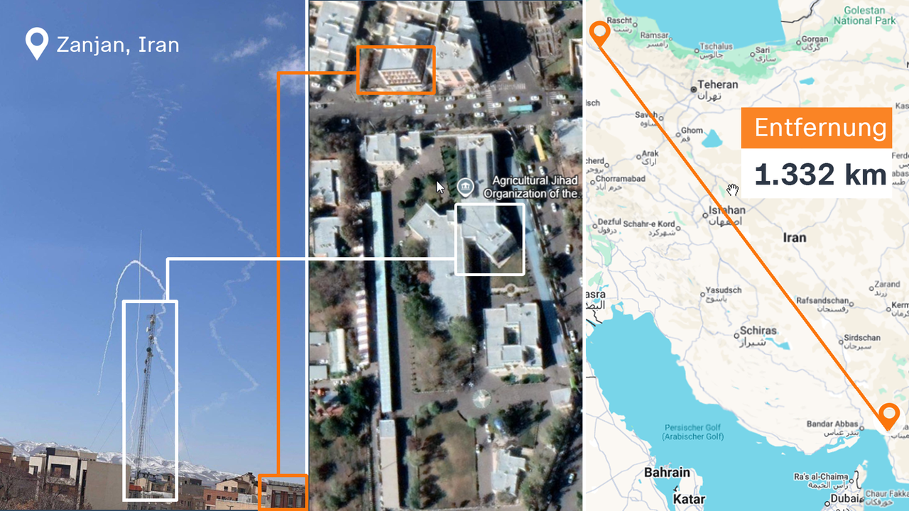 Entfernung vom Ort des Raketenvideos zur Schule in Minab