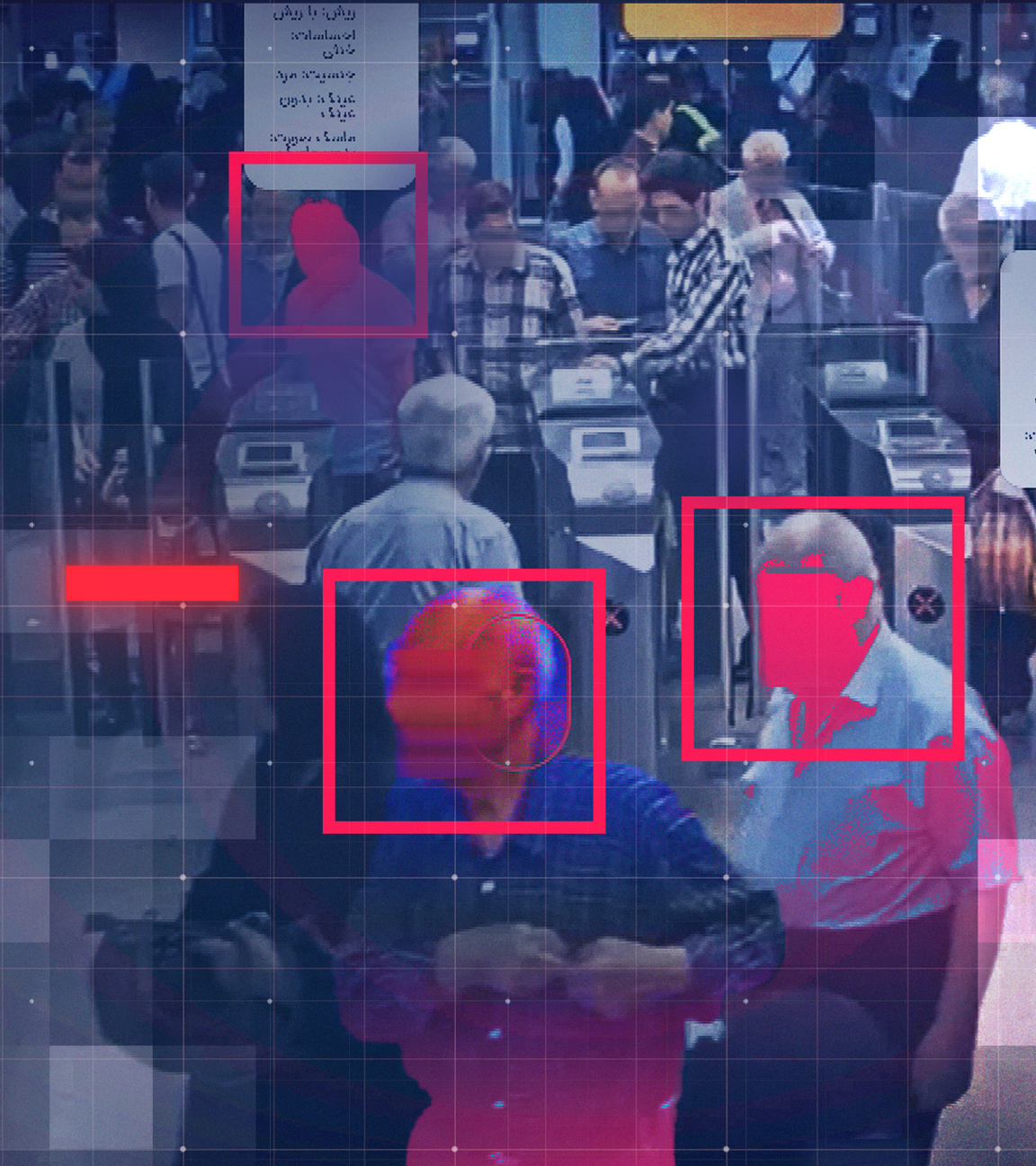 Eine Überwachungssoftware am Drehkreuz einer Metro-Station erfasst die Gesichter von Menschen.