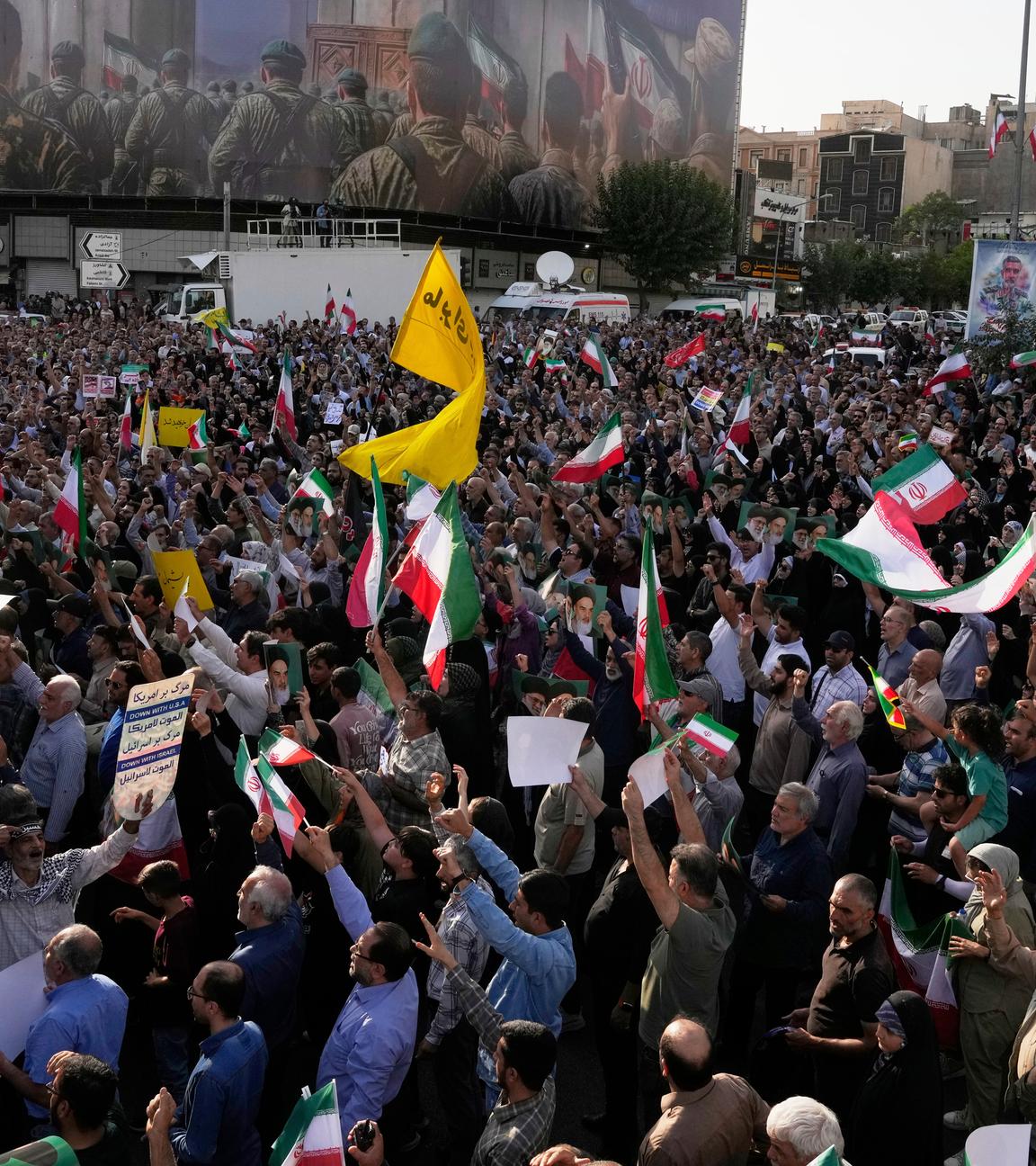 Protesters chant slogans in a protest following the U.S. attacks on nuclear sites in Iran