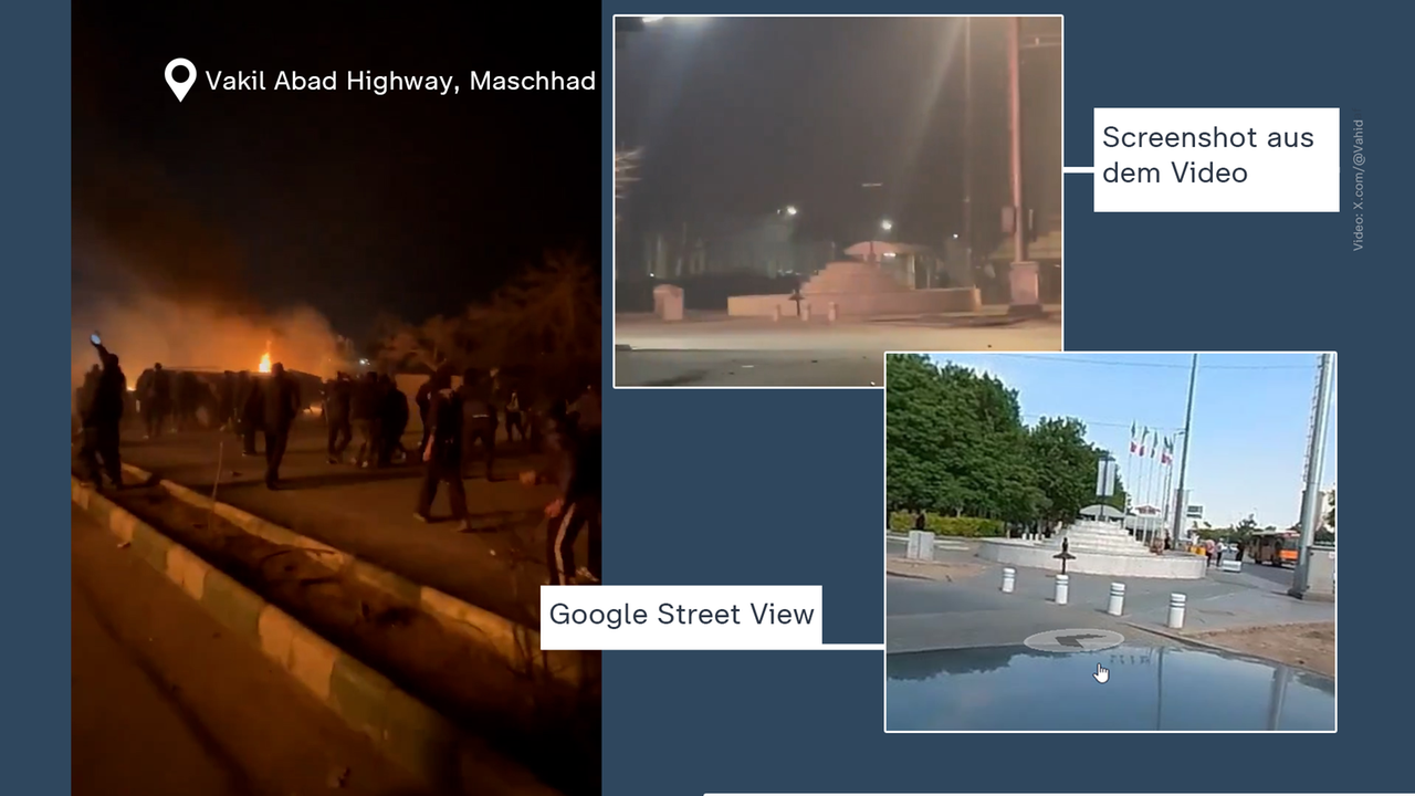 Das Bild zeigt eine Gegenüberstellung mehrerer Bilder. Einerseits sind Screenshots aus einem aktuellen Protest-Video in Mashhad zu sehen. Andererseits ist ein Screenshot von Google Street View zu sehen, der belegt, dass die Proteste tatsächlich dort stattgefunden haben.