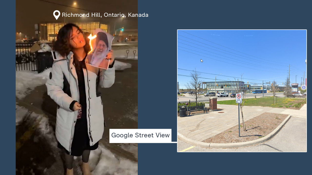 Eine junge Frau zündet eine Zigarette an einem Bild von Ajatollah Ali Chamenei an. In Sozialen Medien wird fälschlicherweise behauptet, dass das Bild in Iran aufgenommen wurde. Ein Abgleich mit Google Street View zeigt aber, dass es auf einem Parkplatz in Richmond Hill in Kanada aufgenommen wurde.