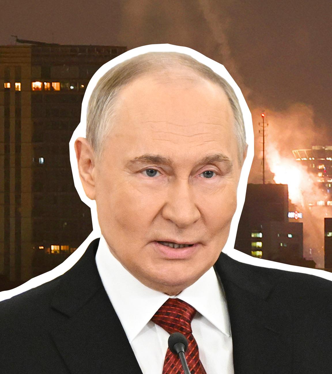 Vladimir Putin vor einem Bild eines Raketenangriffs 