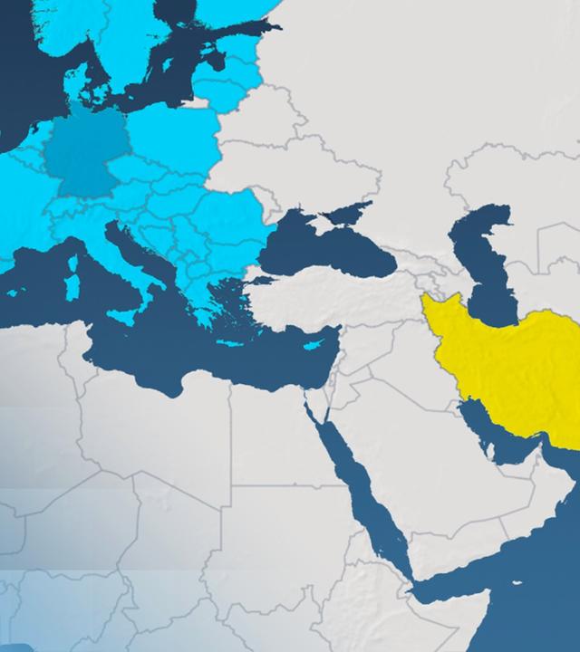 Eine Landkarte in der Europa in blau und Deutschland nochmal genauer gekennzeichnet ist. Außerdem ist Iran gelb hervorgehoben
