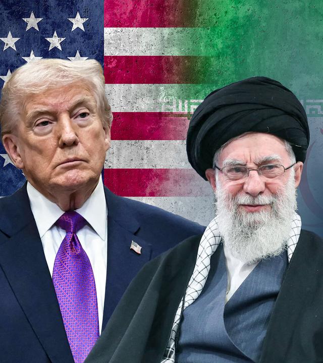 Links ist der US-Präsident Donald Trump mit der Flagge der USA im Hintergund. Rechts neben ihm der oberste Führer des Iran Chamenei mit der iranischen Flagge im Hintergund.