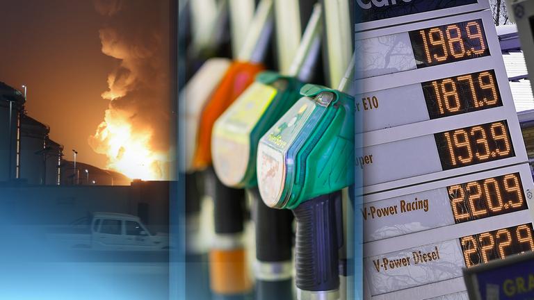 Links eine Explosion auf einem Öllager, in der Mitte Zapfsäulen, rechts ein Symboldbild der Spritpreise
