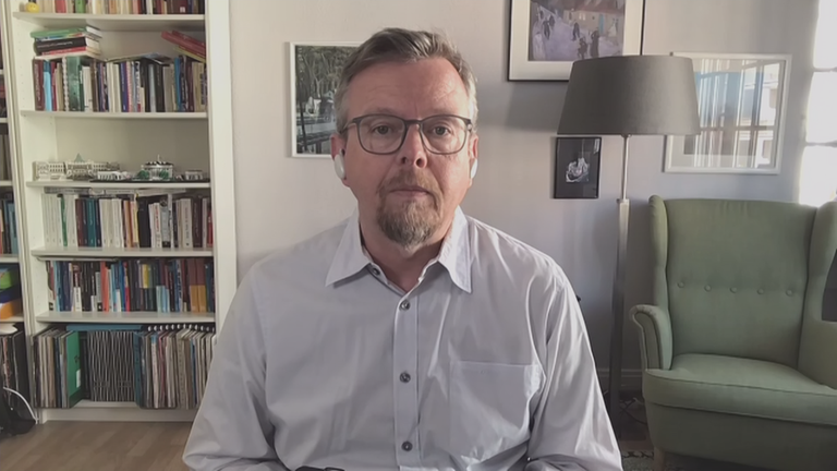 Politologe Christian Lammert per Videocall zugeschaltet aus seinem vermutlich privaten Arbeitszimmer.