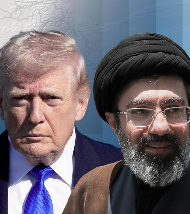 US-Präsident Donald Trump und Irans oberster Führer Chamenei vor einer Landeskarte auf der der Iran farblich hervorgehoben ist.